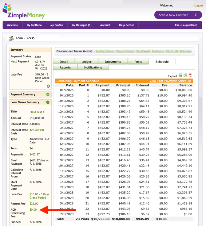 Edit ACH Processing Fee on Loan Contract